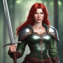 A red-headed human female warrior princess with green eyes, an aquiline nose, freckles, and muscular build