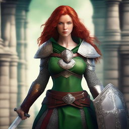 A red-headed human female warrior princess with green eyes, an aquiline nose, freckles, and muscular build