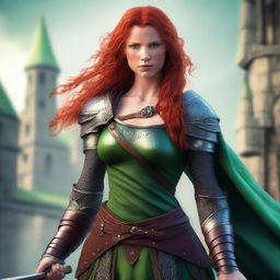 A red-headed human female warrior princess with green eyes, an aquiline nose, freckles, and muscular build