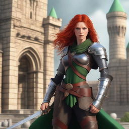 A red-headed human female warrior princess with green eyes, an aquiline nose, freckles, and muscles