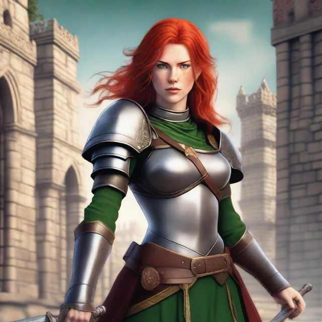 A red-headed human female warrior princess with green eyes, an aquiline nose, freckles, and muscles