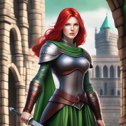 A red-headed human female warrior princess with green eyes, an aquiline nose, freckles, and muscles