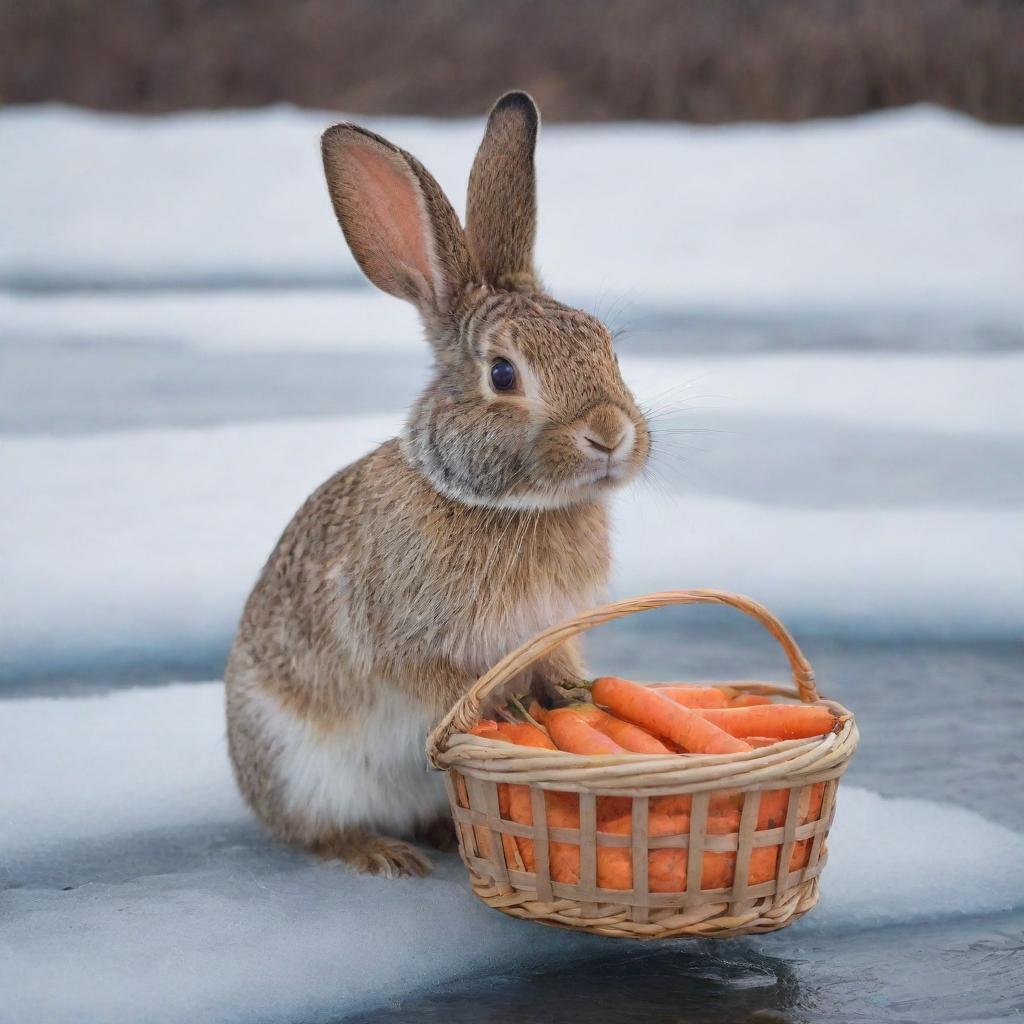 A touching image of a bunny looking visibly panicked at the edge of a frozen river, clutching a basket full of carrots. Its expressive eyes portray sadness and despair, as if it's lost and asking for help.