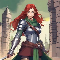 A red-headed human female warrior princess with green eyes, an aquiline nose, freckles, and muscles