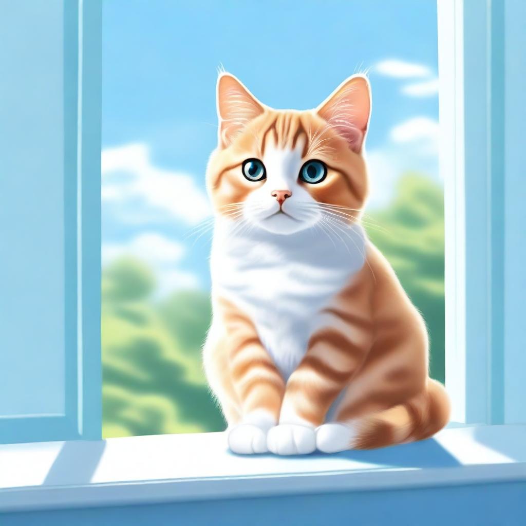 A detailed and realistic illustration of a cute cat sitting on a windowsill