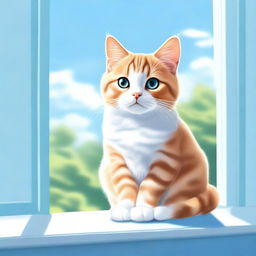 A detailed and realistic illustration of a cute cat sitting on a windowsill