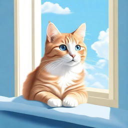 A detailed and realistic illustration of a cute cat sitting on a windowsill