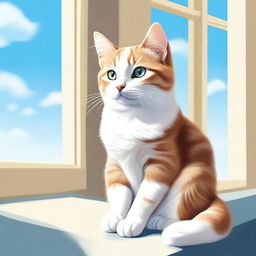 A detailed and realistic illustration of a cute cat sitting on a windowsill