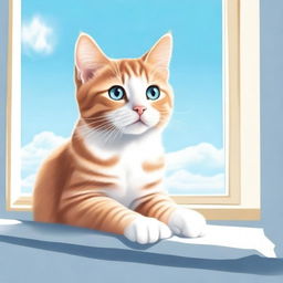 A detailed and realistic illustration of a cute cat sitting on a windowsill