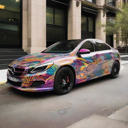 A sleek, modern car completely wrapped in a vibrant, eye-catching design