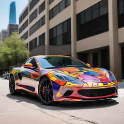 A sleek, modern car completely wrapped in a vibrant, eye-catching design