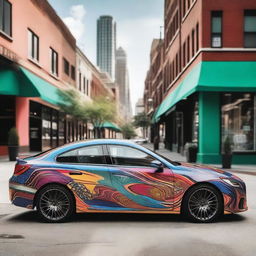 A sleek, modern car completely wrapped in a vibrant, eye-catching design