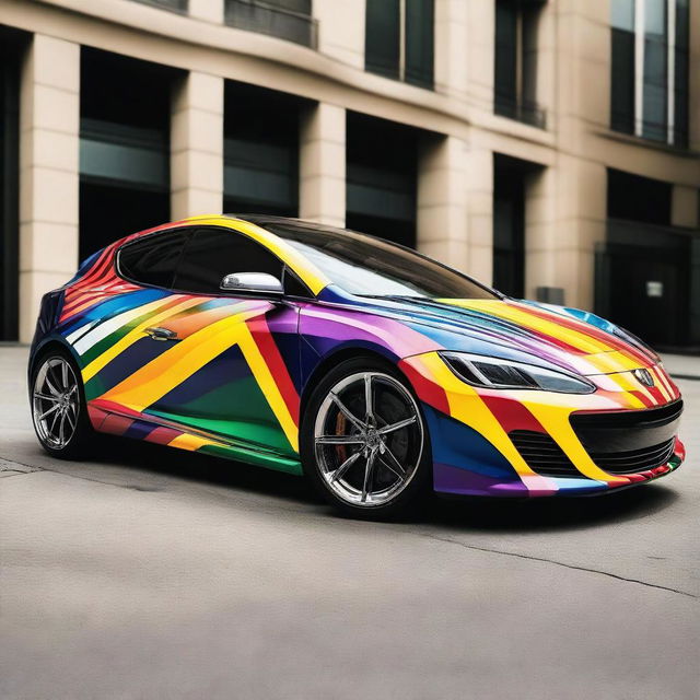 A sleek, modern car completely wrapped in a vibrant, eye-catching design