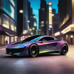 A sleek, modern car wrapped in a realistic, cool design