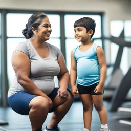 A heartwarming scene of an Indian mother and her son at the gym, both wearing matching shorts