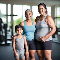 A heartwarming scene of an Indian mother and her son at the gym, both wearing matching shorts