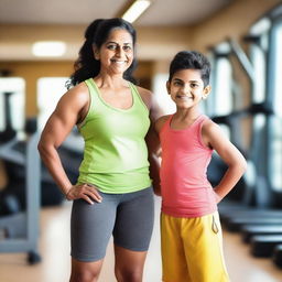 A heartwarming scene of an Indian mother and her son at the gym, both wearing matching shorts