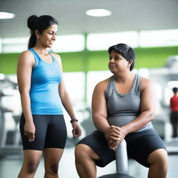 A heartwarming scene of an Indian mother and her son at the gym, both wearing matching shorts