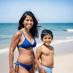 A beautiful Indian mother and her young son wearing swimming suits