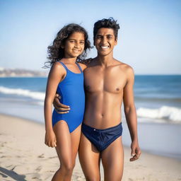 A beautiful Indian mother and her young son wearing swimming suits