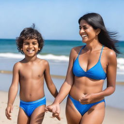 A beautiful Indian mother and her young son wearing swimming suits