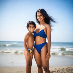 A beautiful Indian mother and her young son wearing swimming suits