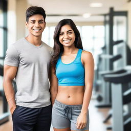 A beautiful Indian mom and her teenage son both wearing gym shorts, standing in a modern gym setting