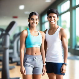 A beautiful Indian mom and her teenage son both wearing gym shorts, standing in a modern gym setting