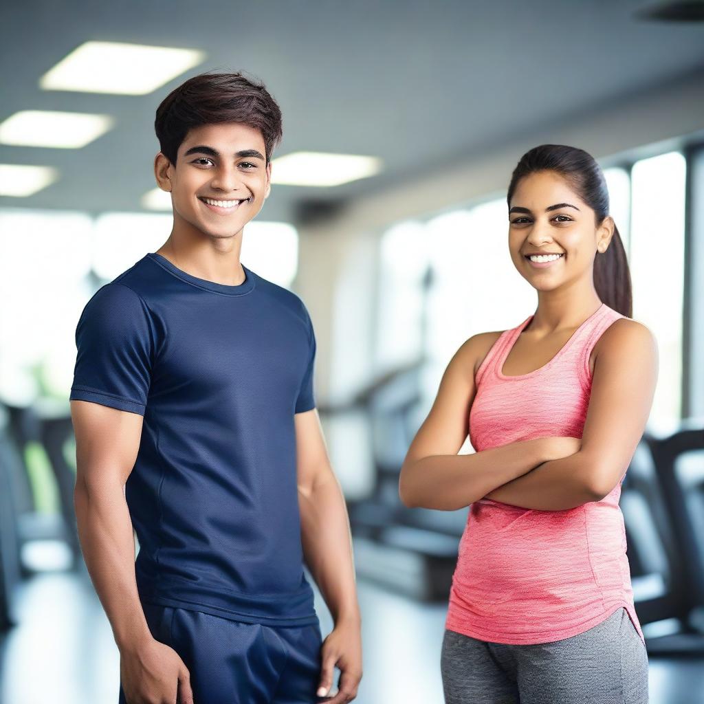 A beautiful Indian mom and her teenage son both wearing gym shorts, standing in a modern gym setting