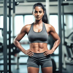 A fit and attractive Indian woman at the gym, showcasing her toned thighs and athletic physique