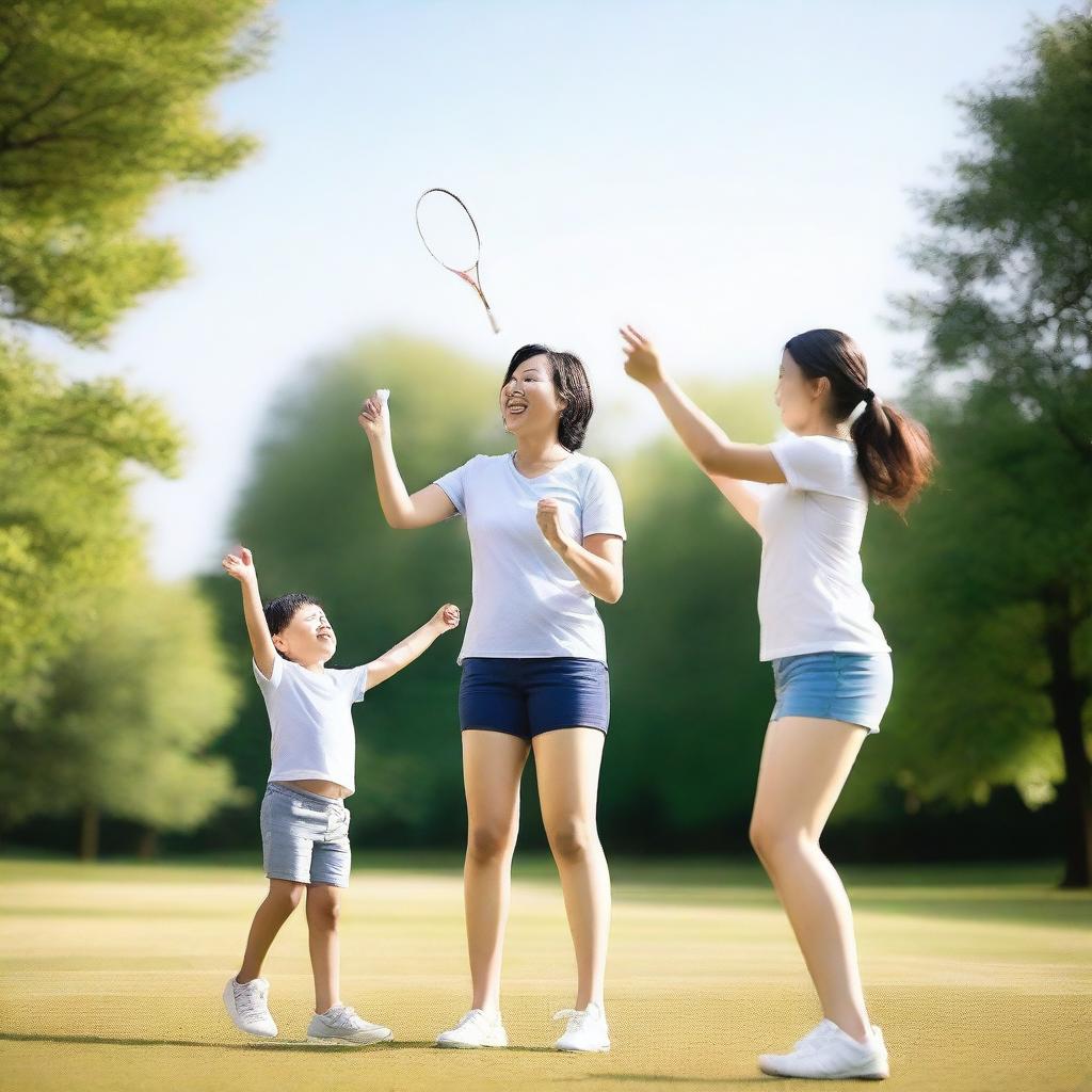 A joyful scene of a mother and her son playing badminton in a sunny park