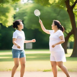 A joyful scene of a mother and her son playing badminton in a sunny park