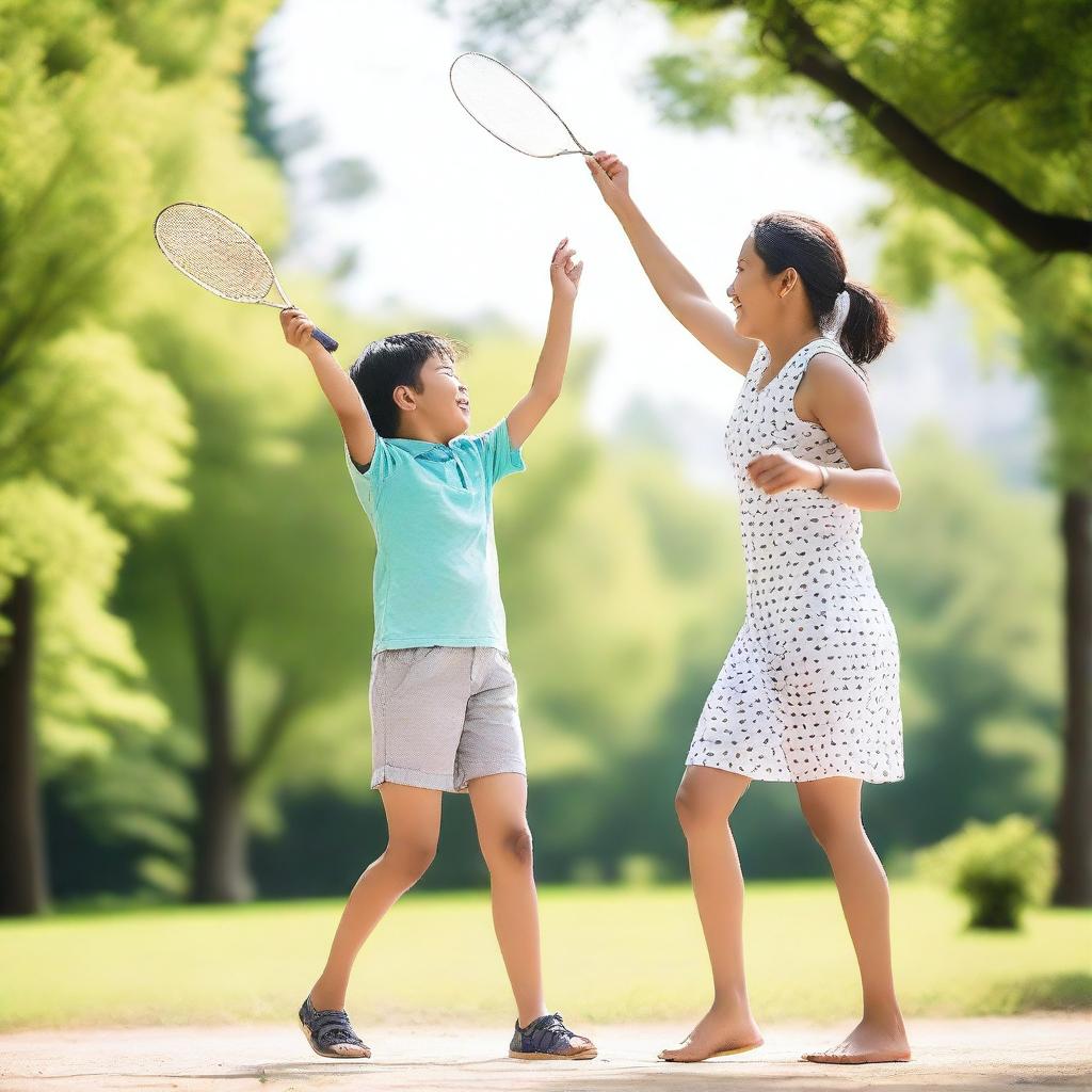 A joyful scene of a mother and her son playing badminton in a sunny park