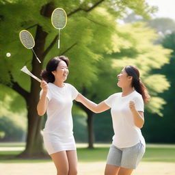 A joyful scene of a mother and her son playing badminton in a sunny park