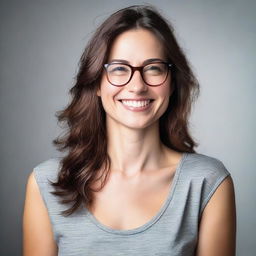 A portrait of a brunette woman with glasses and small breasts