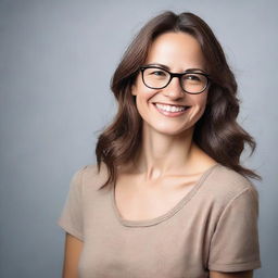A portrait of a brunette woman with glasses and small breasts