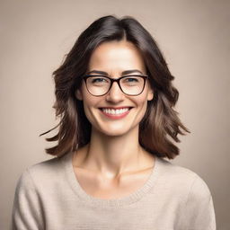 A portrait of a brunette woman with glasses and small breasts