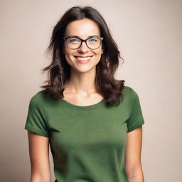 A portrait of a brunette woman with glasses and small breasts