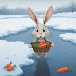 A poignant cartoon-style illustration of a distressed bunny on the brink of a frozen river, holding a basket of carrots. Its facial expression showcases sadness and disorientation, creating a compelling narrative of being lost.