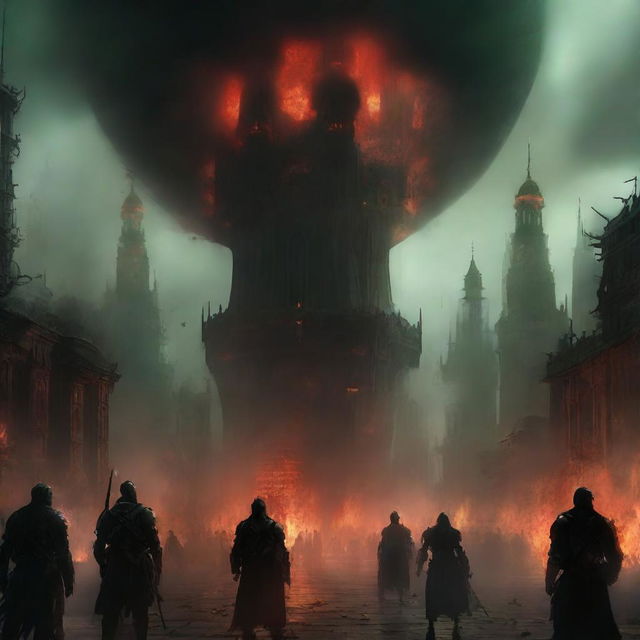 A hive city that is engulfed in flames