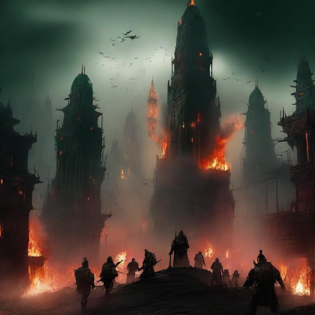 A hive city that is on fire, with black sky and a red sun