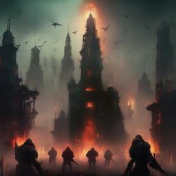 A hive city that is on fire, with black sky and a red sun