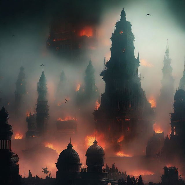 A hive city that is on fire, with black sky and a red sun