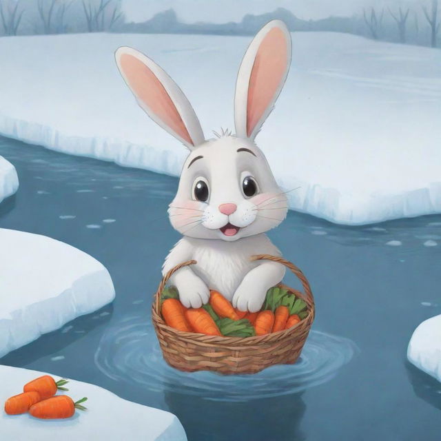 A poignant cartoon-style illustration of a distressed bunny on the brink of a frozen river, holding a basket of carrots. Its facial expression showcases sadness and disorientation, creating a compelling narrative of being lost.