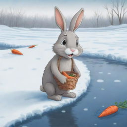 A poignant cartoon-style illustration of a distressed bunny on the brink of a frozen river, holding a basket of carrots. Its facial expression showcases sadness and disorientation, creating a compelling narrative of being lost.