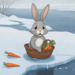 A poignant cartoon-style illustration of a distressed bunny on the brink of a frozen river, holding a basket of carrots. Its facial expression showcases sadness and disorientation, creating a compelling narrative of being lost.