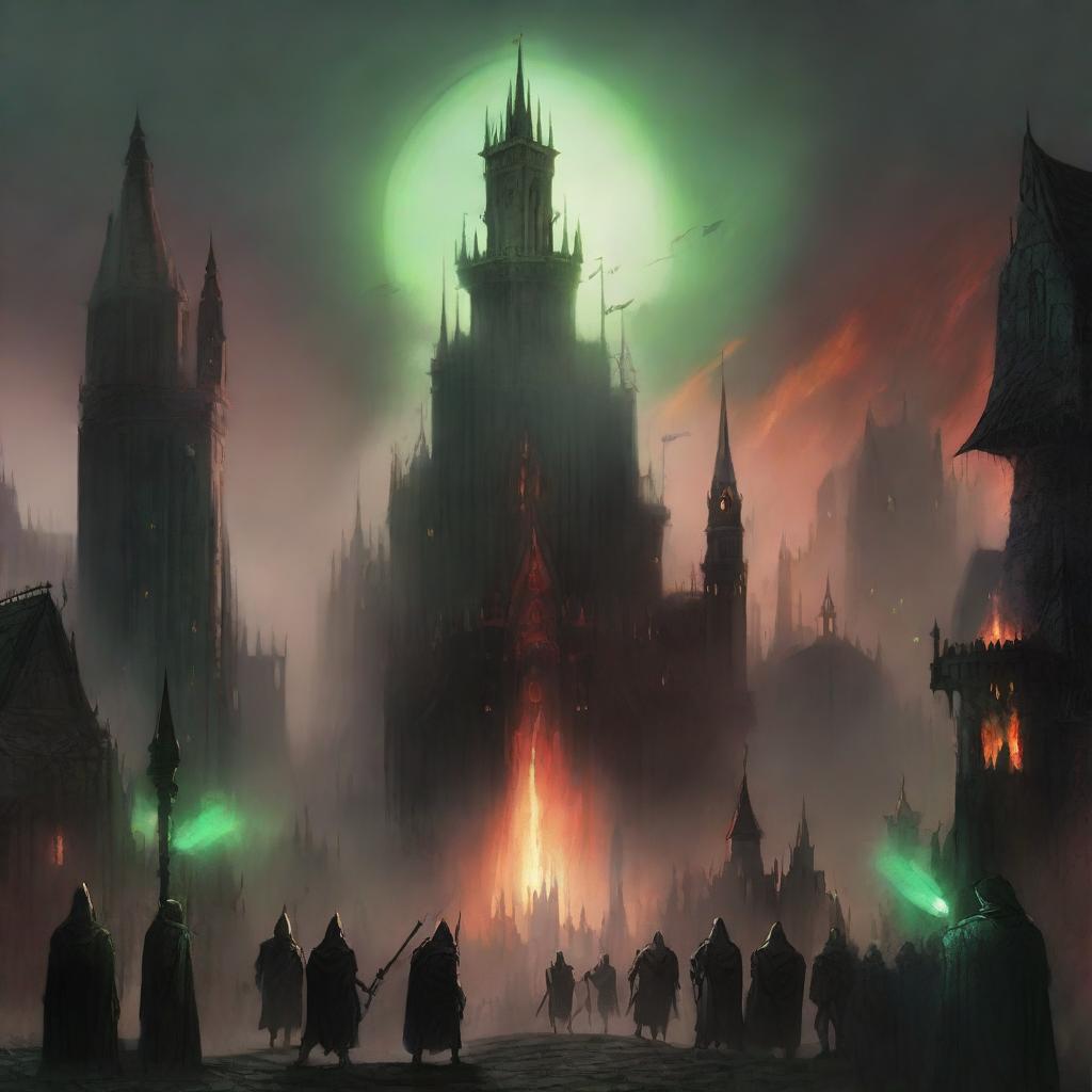 A medieval-looking city with buildings so close together that they form a spear-like structure, engulfed in flames