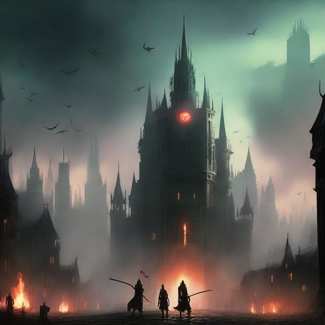 A medieval-looking city with buildings so close together that they form a spear-like structure, engulfed in flames