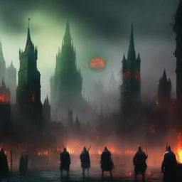 A medieval-looking city with buildings so close together that they form a spear-like structure, engulfed in flames