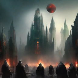 A medieval-looking city with buildings so close together that they resemble a collection of spears, engulfed in flames